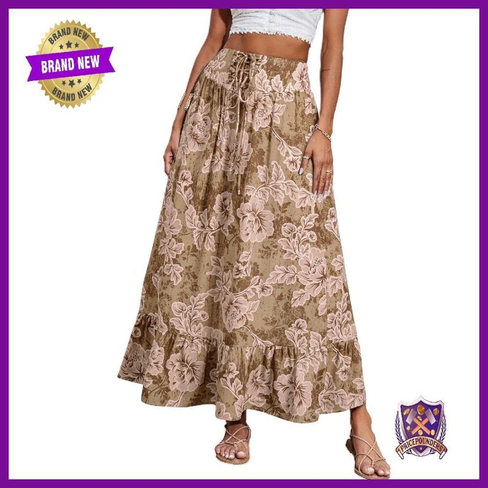 Floral Maxi Skirt High Waist Smocked Drawstring Flowy A-Line Summer